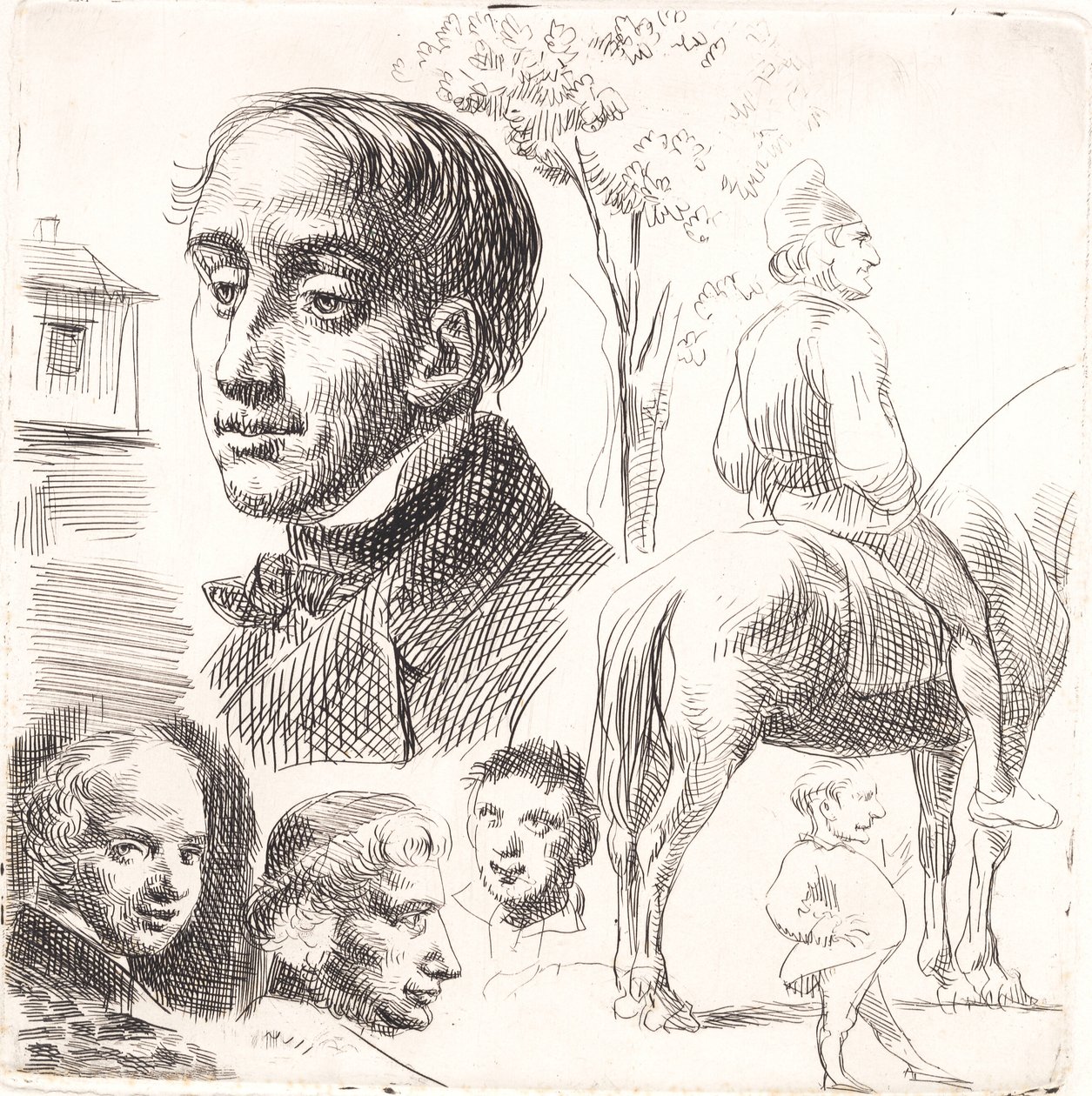 Sample Sheet in Stylography with Portrait Heads, Peasant on Horse, etc. by Wilhelm Marstrand