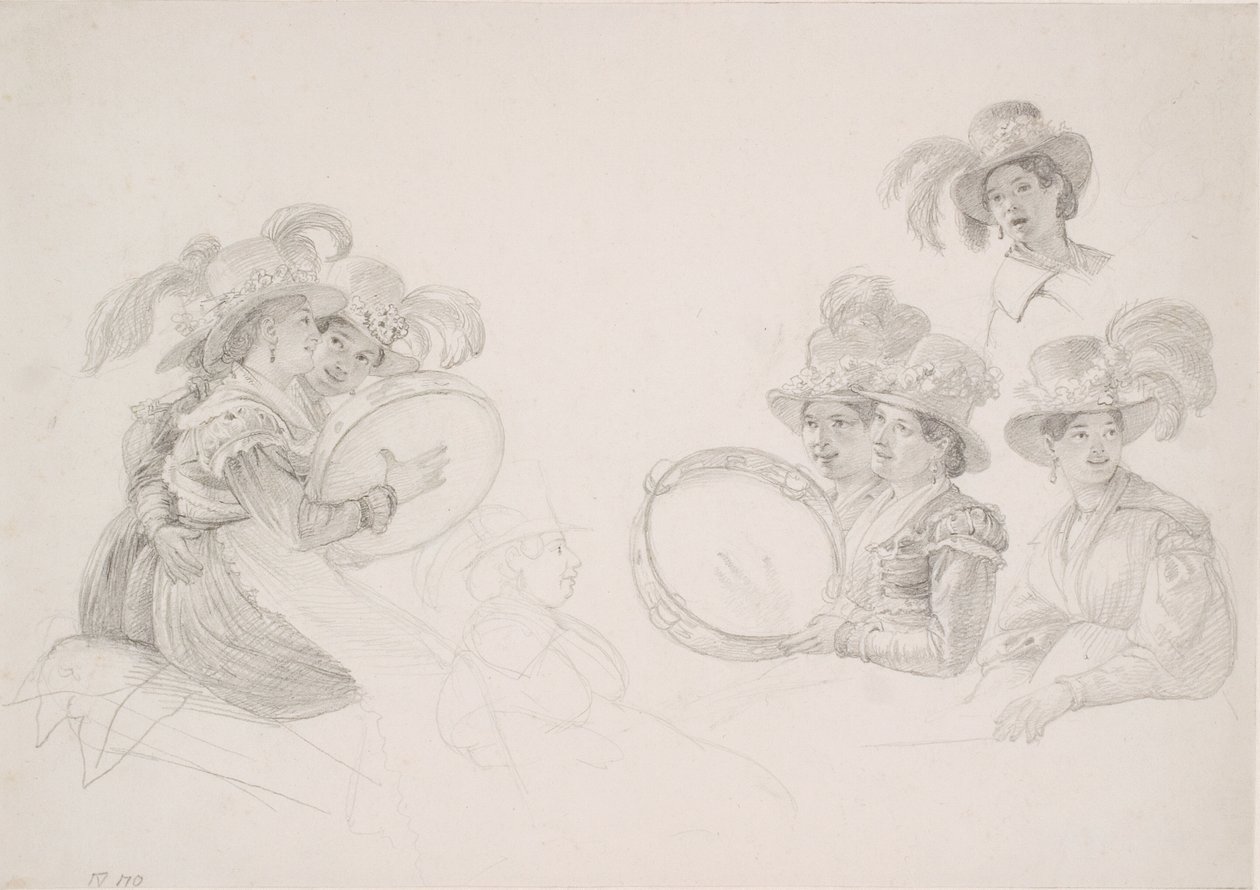 Roman Women Playing Tambourines with High Feathered Hats by Wilhelm Marstrand