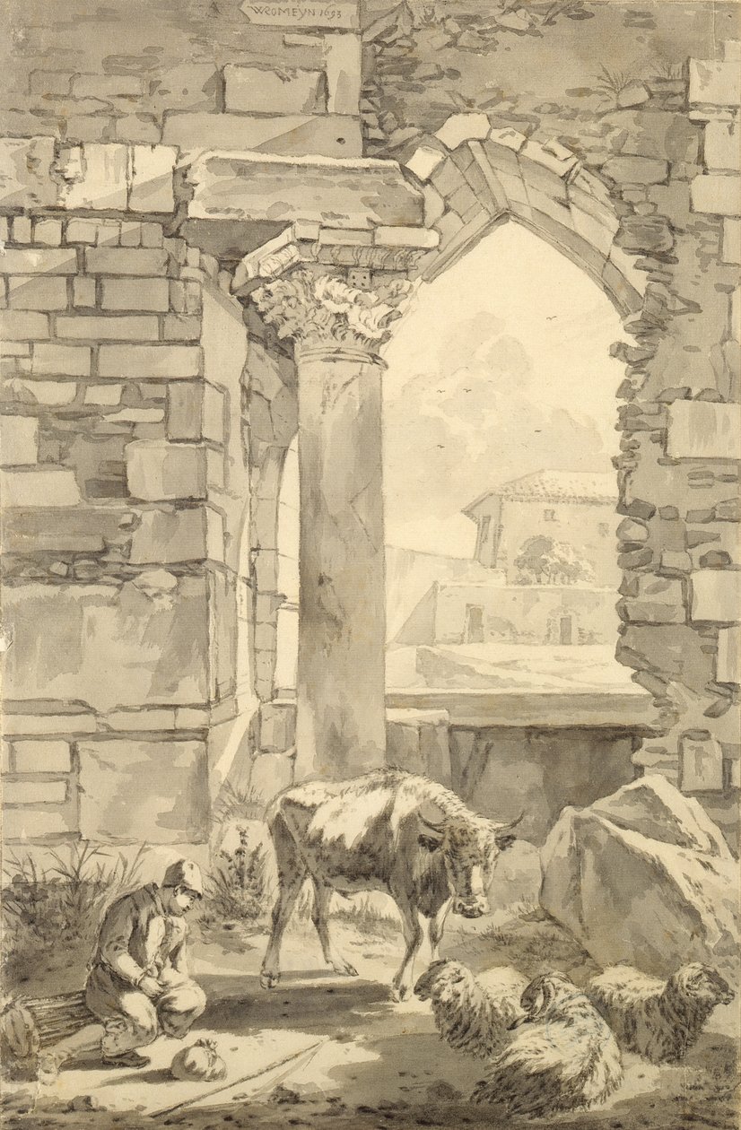 Shepherd with a Cow and Sheep in a Ruin, 1693 by Willem Romeyn