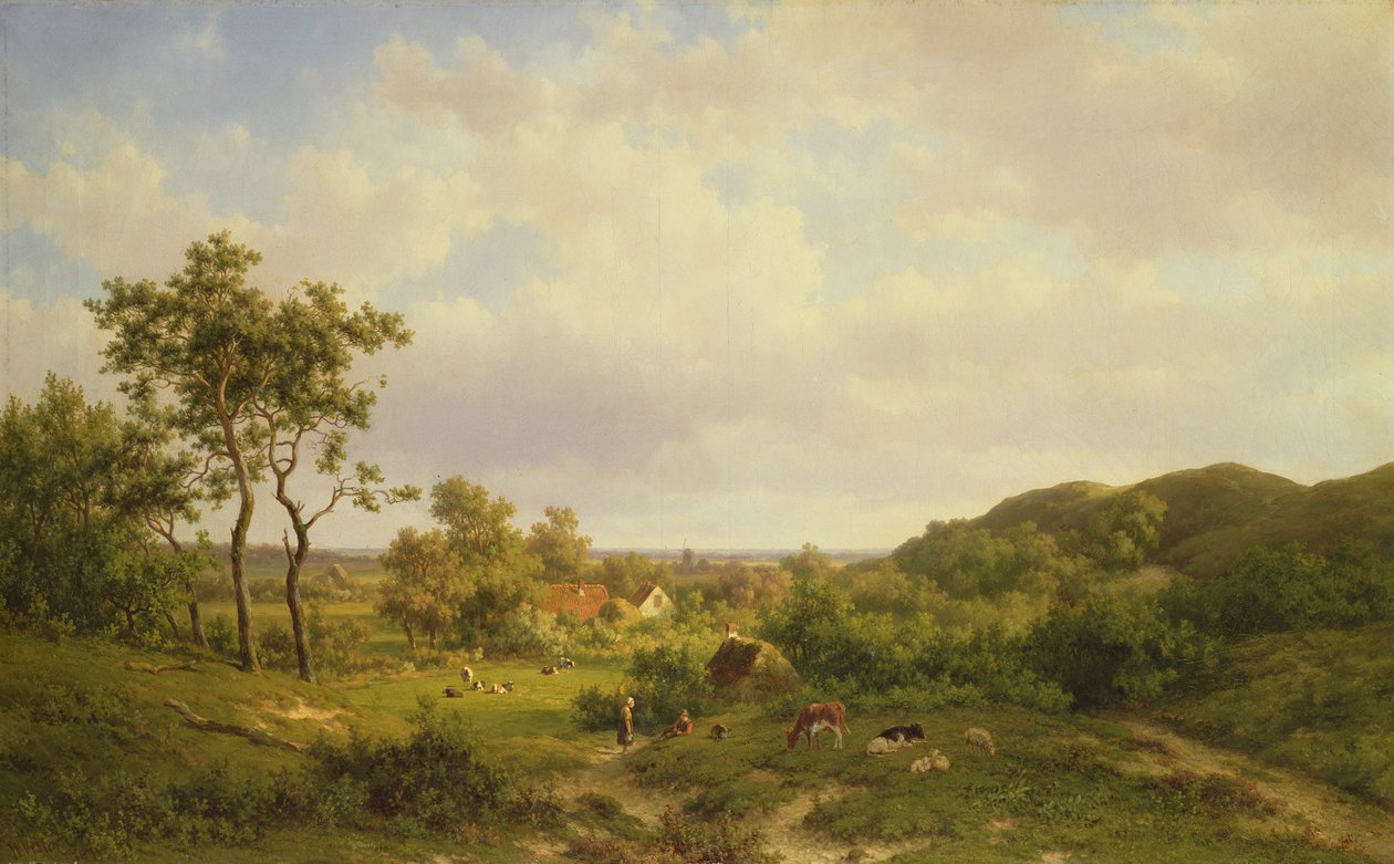 Dutch Landscape with Cows and Figures by Willem Vester