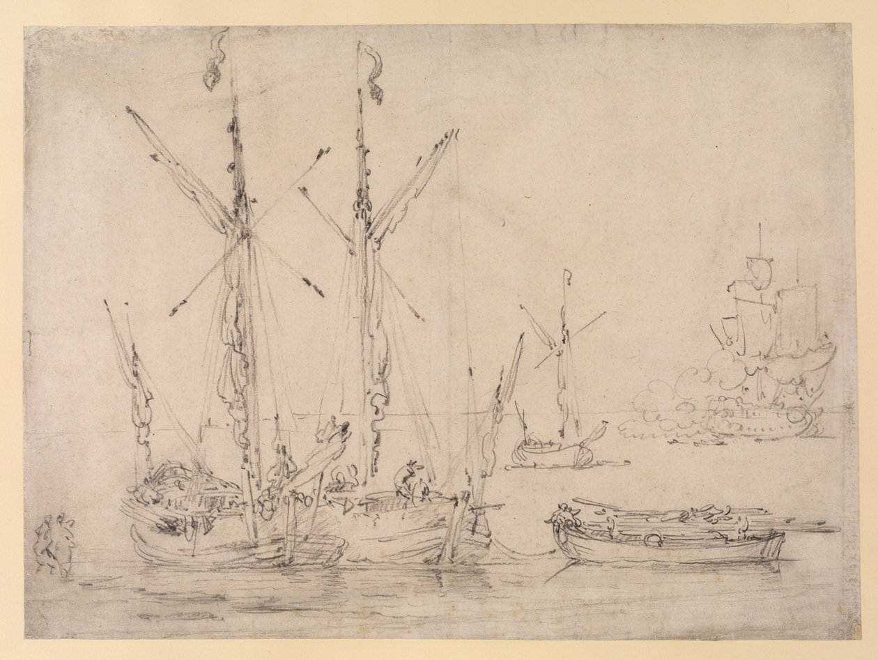 Estuary Scene: three Galliots, a Barge and a Frigate firing a Salute by Willem van de Velde