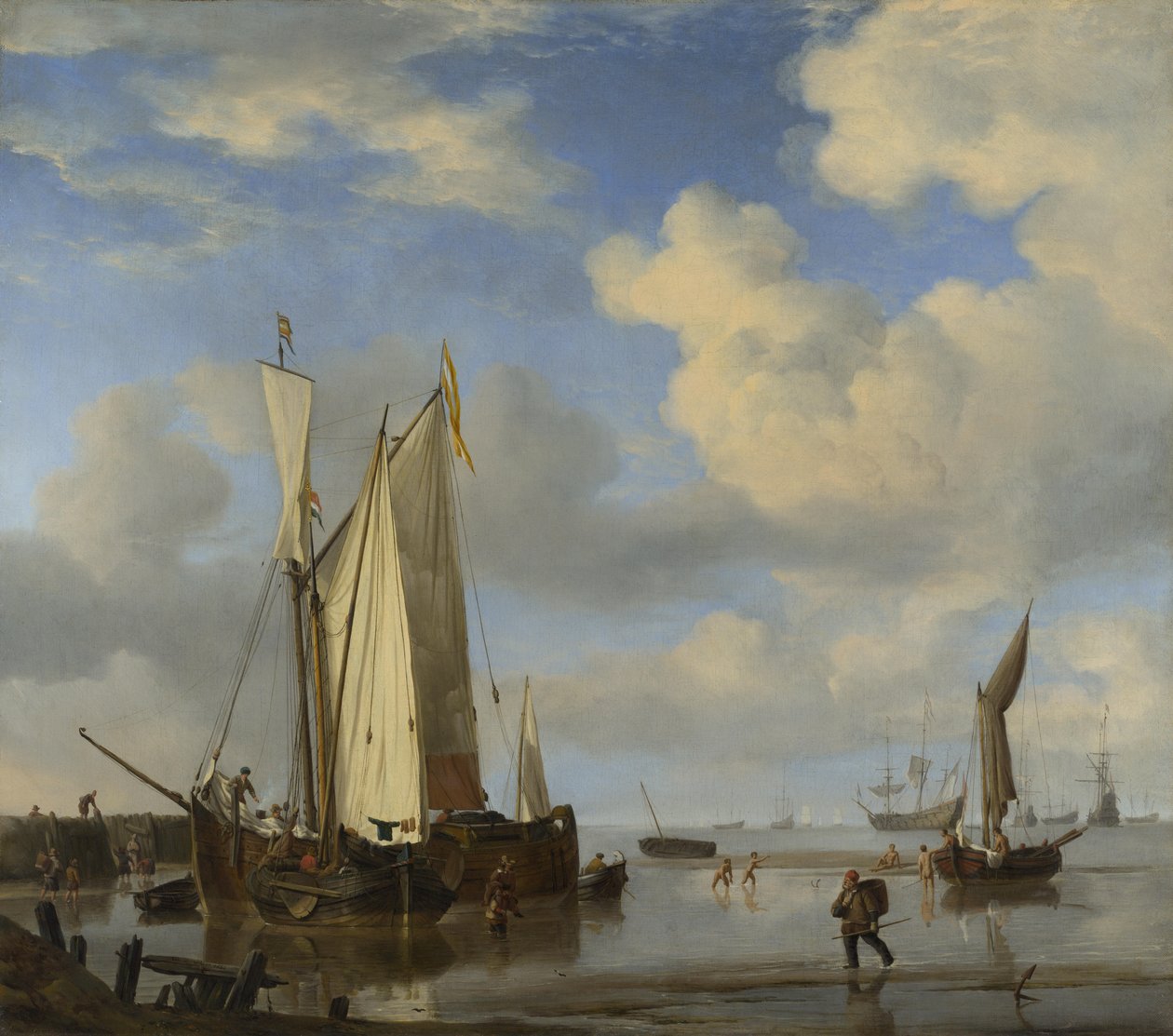 Dutch Vessels Close Inshore at Low Tide, and Men Bathing by Willem van de Velde the Younger