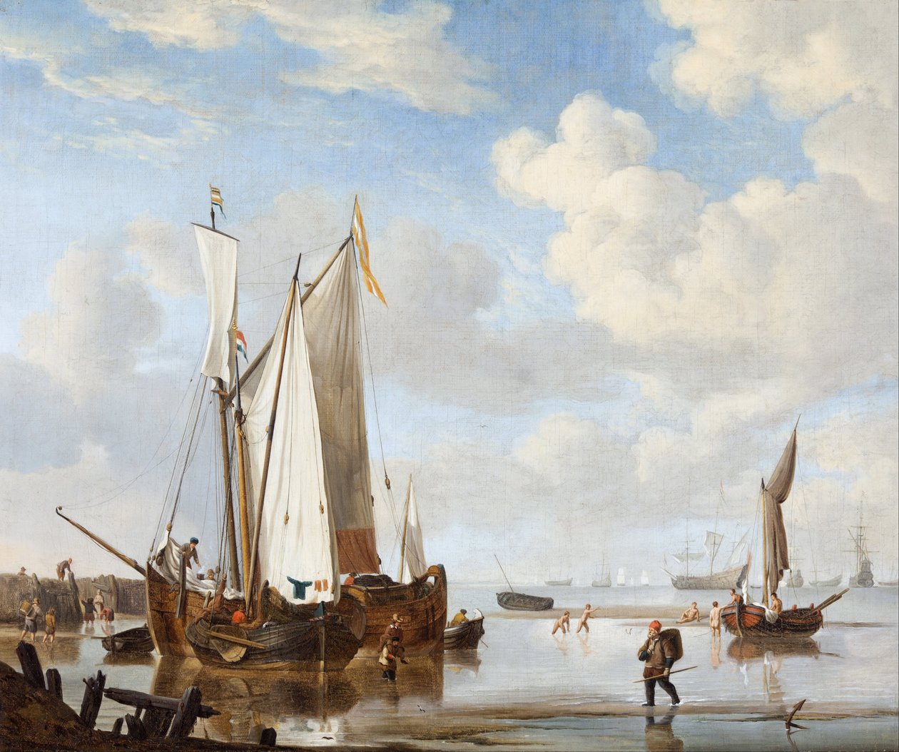 A Wijdschip and a Kaag in an Inlet Close to a Sea-Wall by Willem Velde Younger and the de van workshop