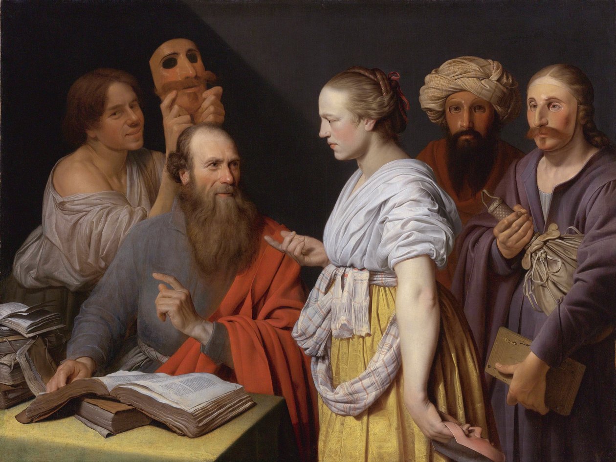 A Scholar in His Study with Figures with Masks by Willem van der Vliet