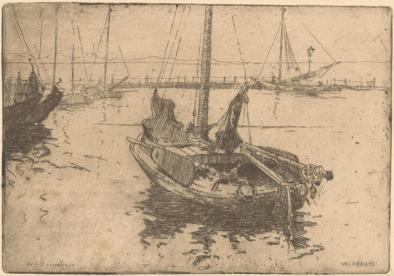 Boats in the Harbor of Volendam by Willem Adrianus Grondhout (signed by artist)