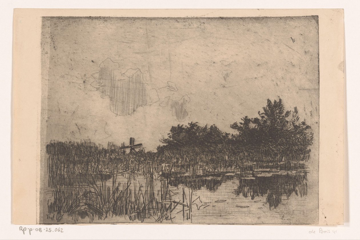 Pond with Reeds and Windmill, near Giethoorn by Willem Bastiaan Tholen