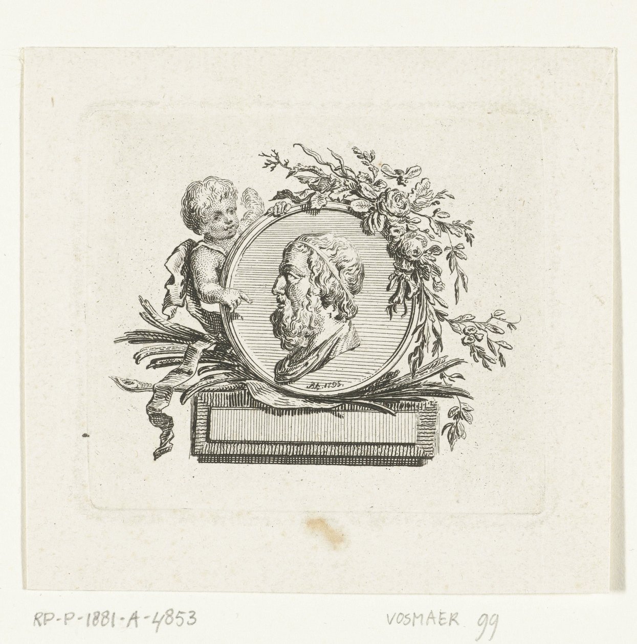 Bust of Homer on Medallion Held by Angel and Decorated with Flowers and Palm Branches by Willem Bilderdijk