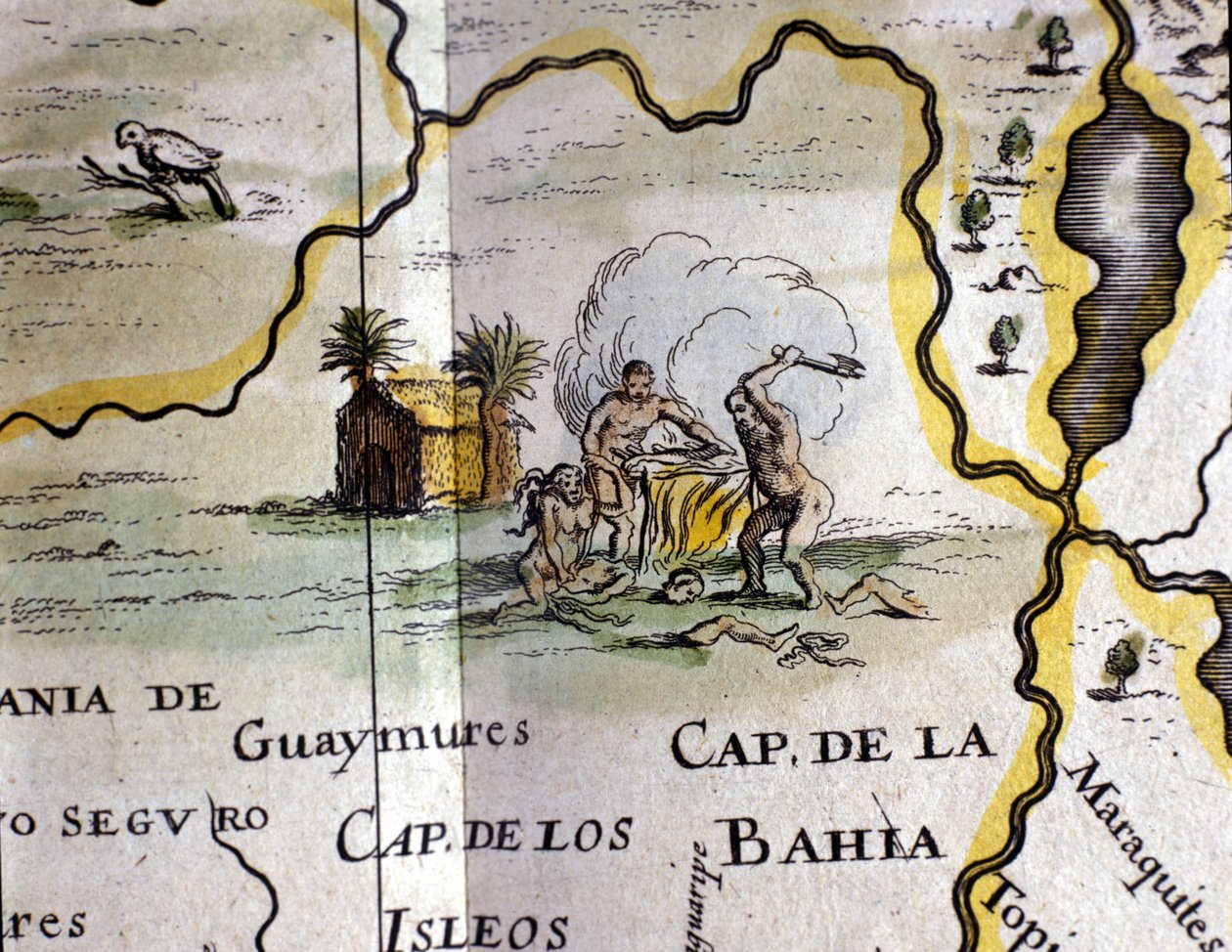 Brazil. Cannibals representing a man with an axe. Detail of a map of the Atlas of W. Blaeu by Willem Blaeu