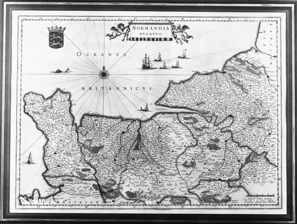 Map of Normandy after an illustration from Theatrum Orbis Terrarum sive Atlas Novus by Willem and Joan Blaeu, plate representing Normandia Ducatus by Willem Blaeu