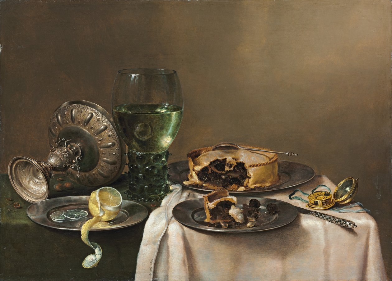 Pronk Still Life with a Roemer, an Upturned Silver Tazza, a Half-Peeled Lemon on a Pewter Plate, with a Pie, a Timepiece and a Knife by Willem Claesz. Heda