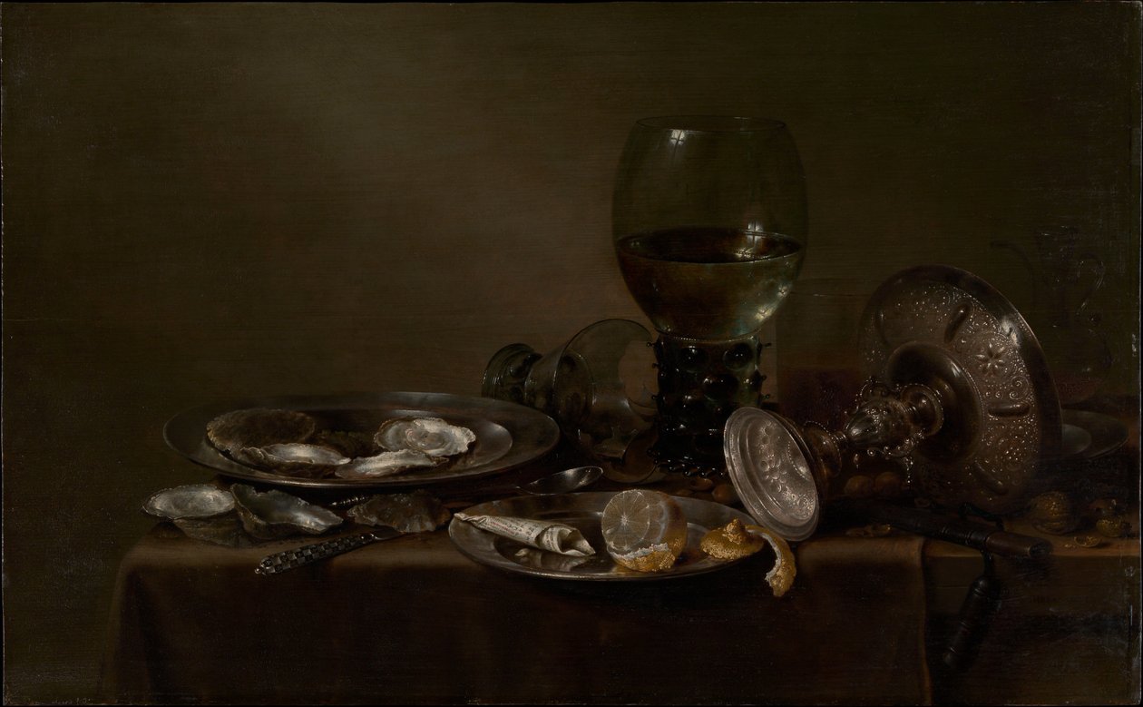 Still Life with Oysters, a Silver Tazza, and Glassware by Willem Claesz. Heda