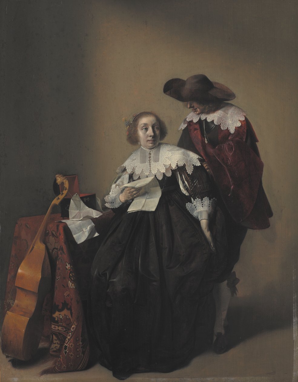A Seated Woman with a Letter, a Gentleman Standing by Her by Willem Cornelisz Duyster