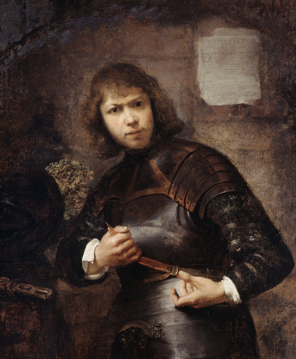 A Soldier, standing three-quarter length, buckling his belt by Willem Drost