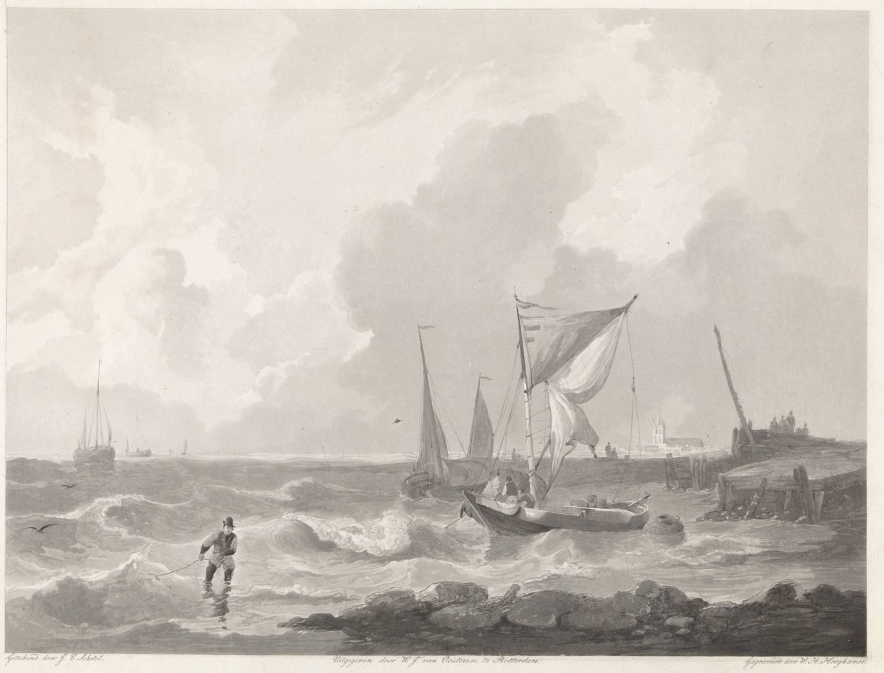 Fishing Boats at a Harbor Entrance by Willem Hendrik Hoogkamer