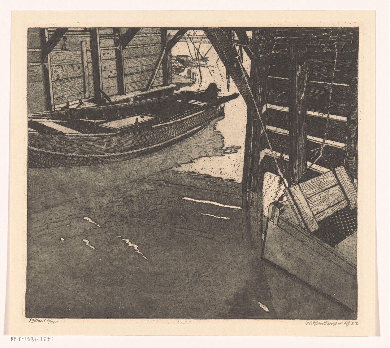 Interior of a Boat House with a Fish Crate and a Boat with Built-in Fish Crate by Willem Jansen (graveur) (signed by artist)