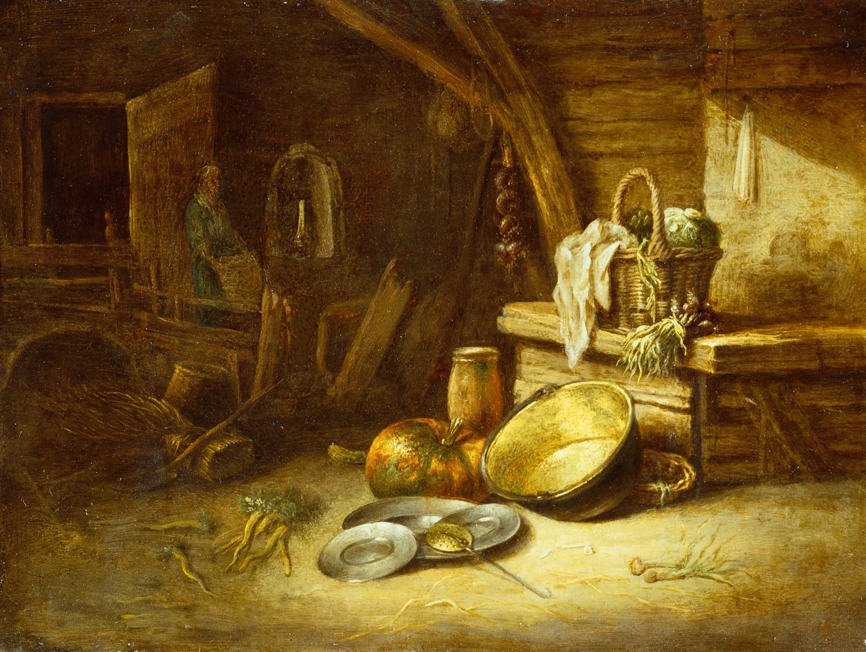 A Kitchen with Vegetables in a Wicker Basket, Pewter Plates and a Pumpkin by Willem Kalf