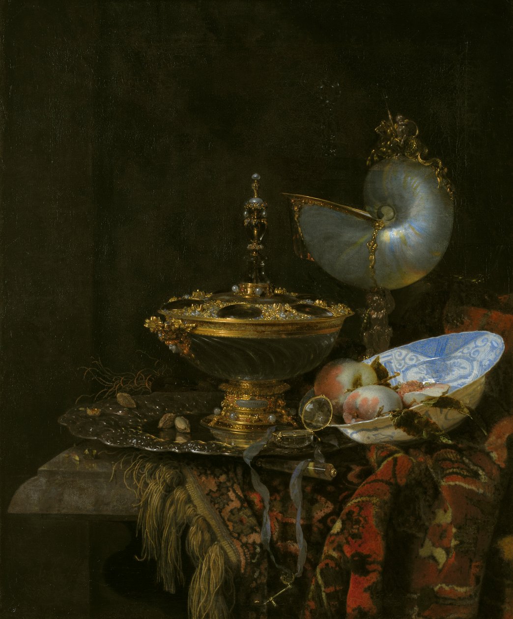 Magnificent Still Life with Holbein Bowl, Nautilus and Glass Cup and Fruit Bowl by Willem Kalf
