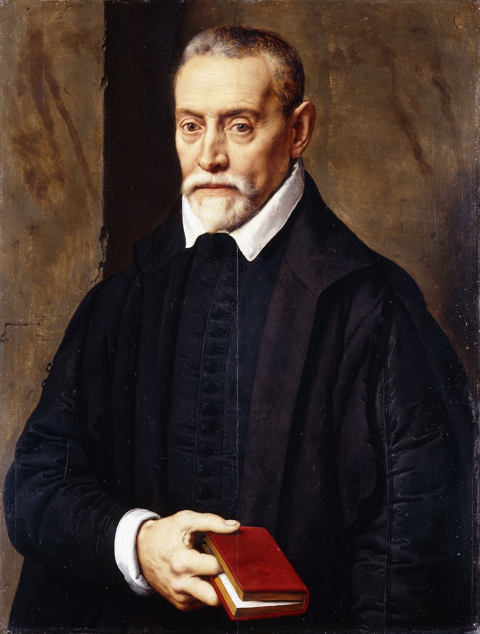 Portrait of an Academic, half-length, in black costume, holding a book by Willem Key