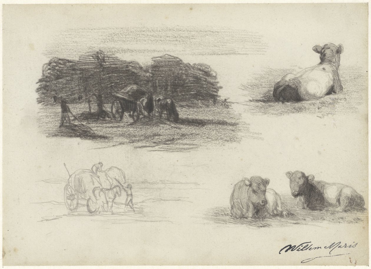 Four Sketches of Hay Wagons and Cows by Willem Maris