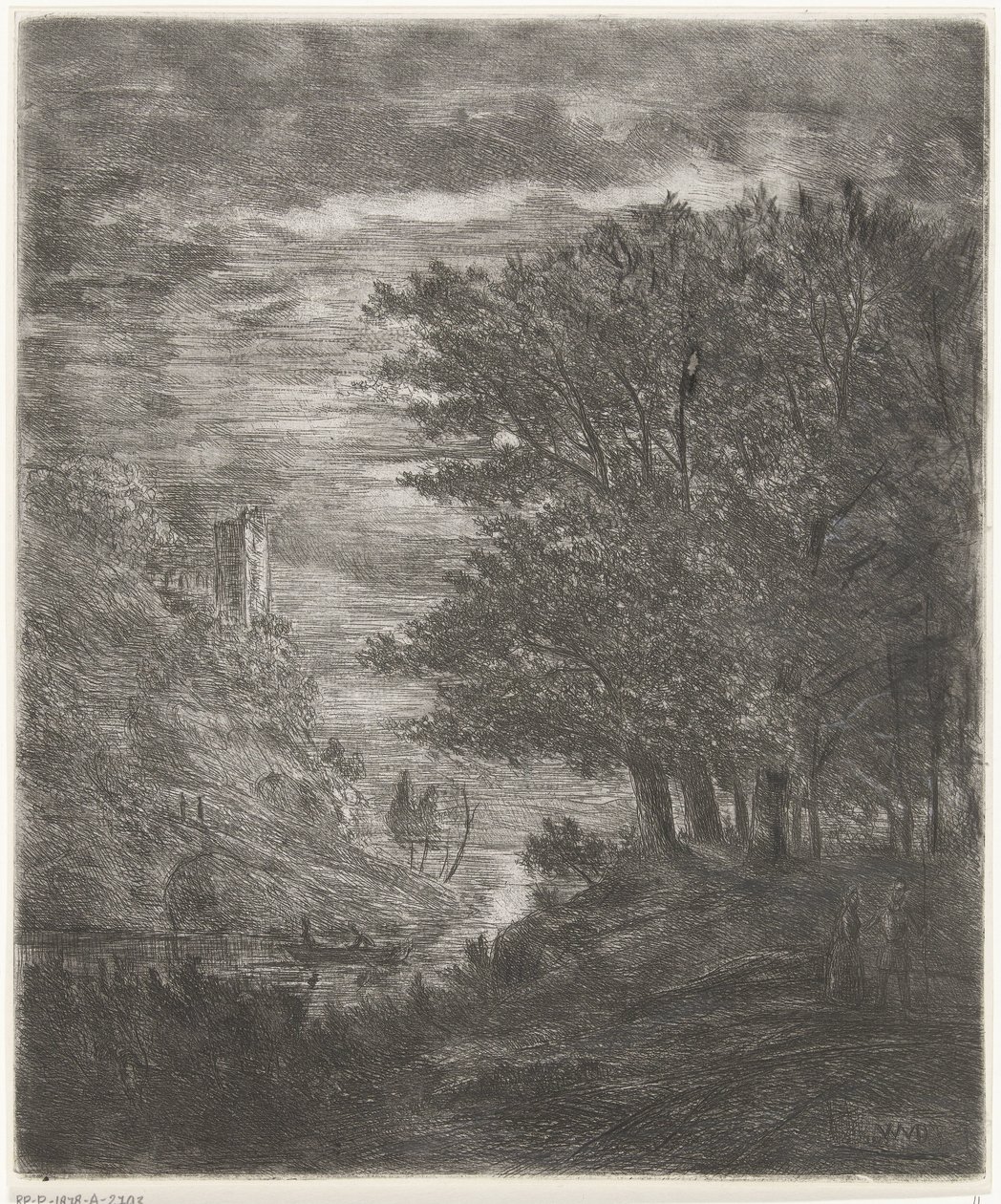 Hilly Landscape with Ruin and Boat on Water by Moonlight by Willem Matthias Jan van Dielen
