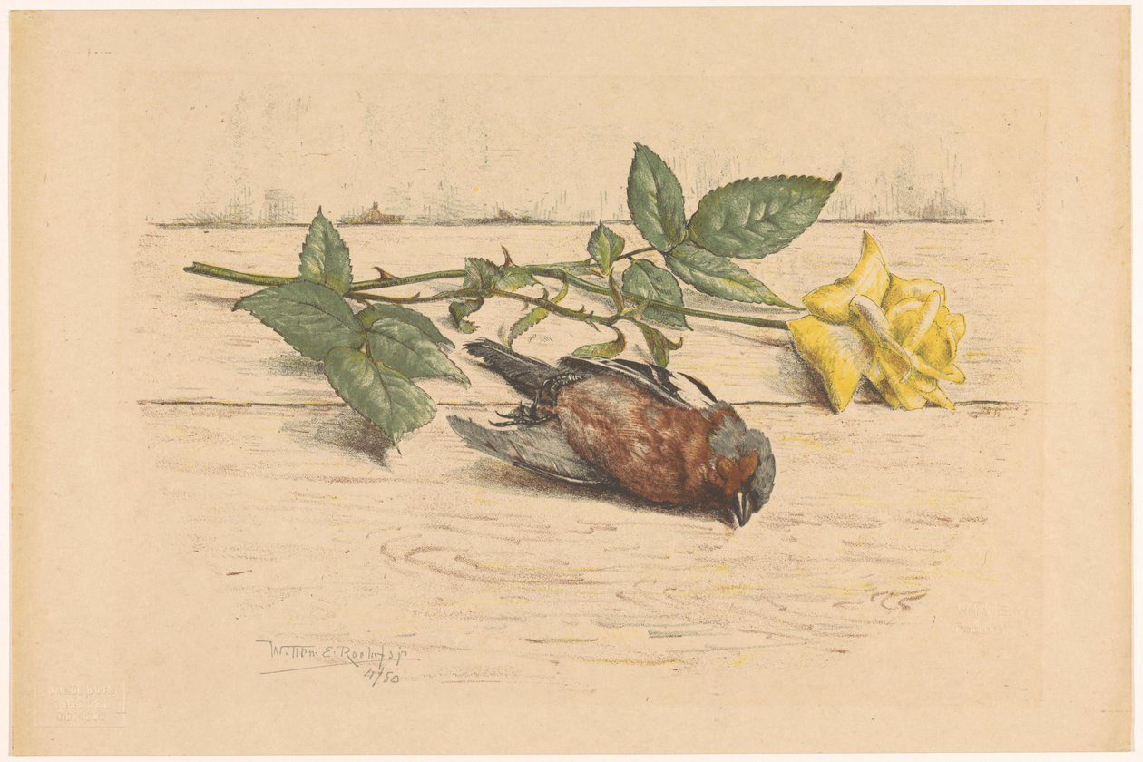 Dead Finch Lying Next to a Rose by Willem Roelofs (II) (signed by artist)