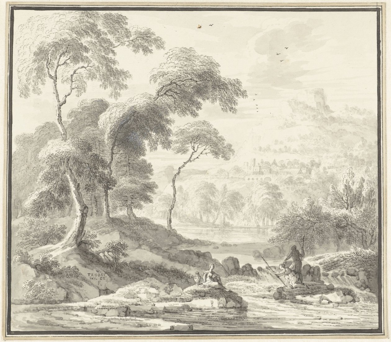 Idyllic Hill Landscape with Women by a Stream by Willem Troost (I)