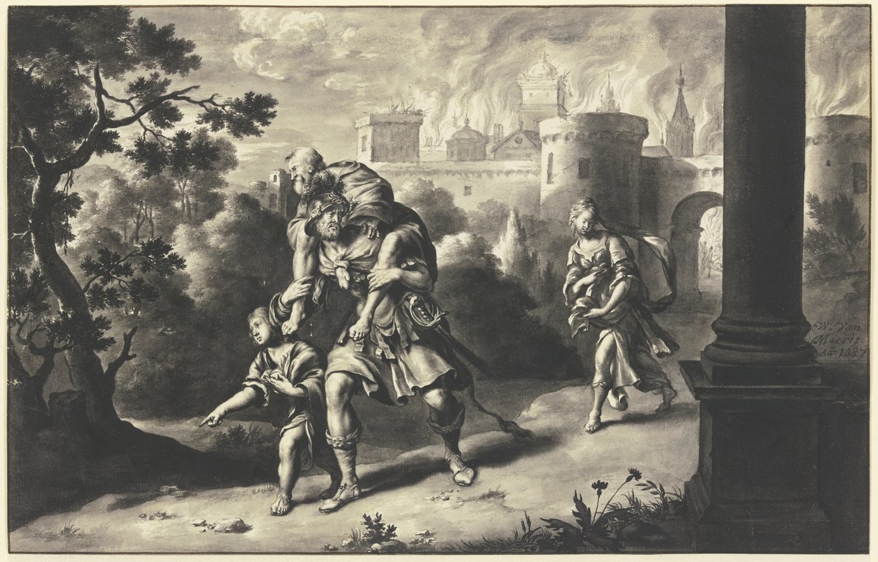 Aeneas Rescues Anchises from Burning Troy by Willem Van Mieris