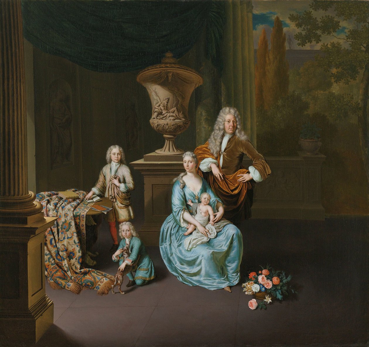 Diederik Baron van Leyden van Vlaardingen (1695-1764). Burgomaster of Leiden, with his Wife Sophia Dina de Rovere and their Sons Pieter, Jan en Adriaan Pompejus by Willem Van Mieris