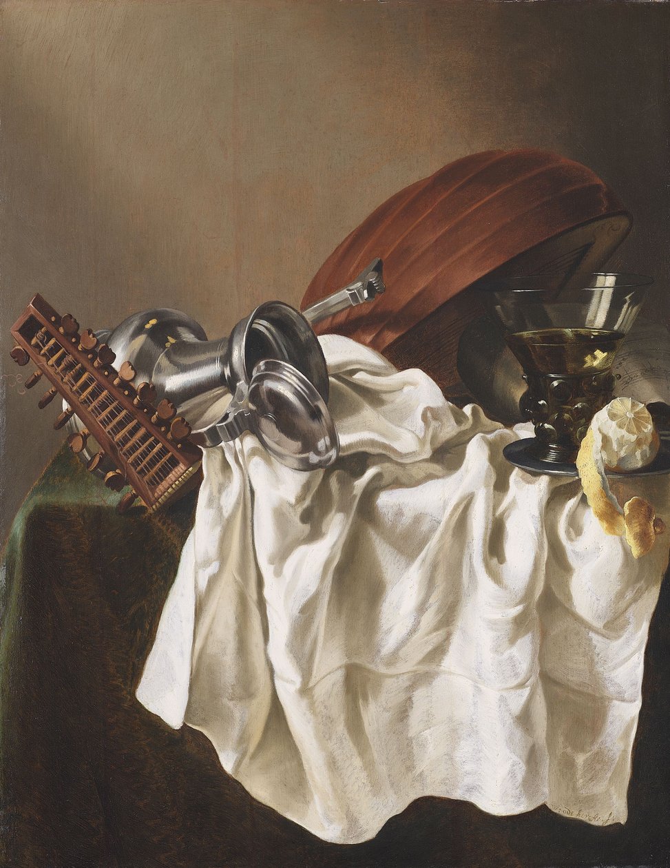 Still Life with Lute, Pewter Jug, Wine Glass and Lemon by Willem Van Odekercken