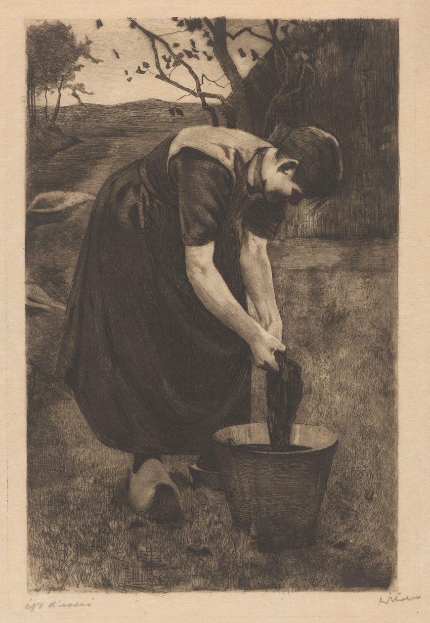 Peasant Woman Washing Textiles in a Bucket by Willem Witsen (signed by artist)