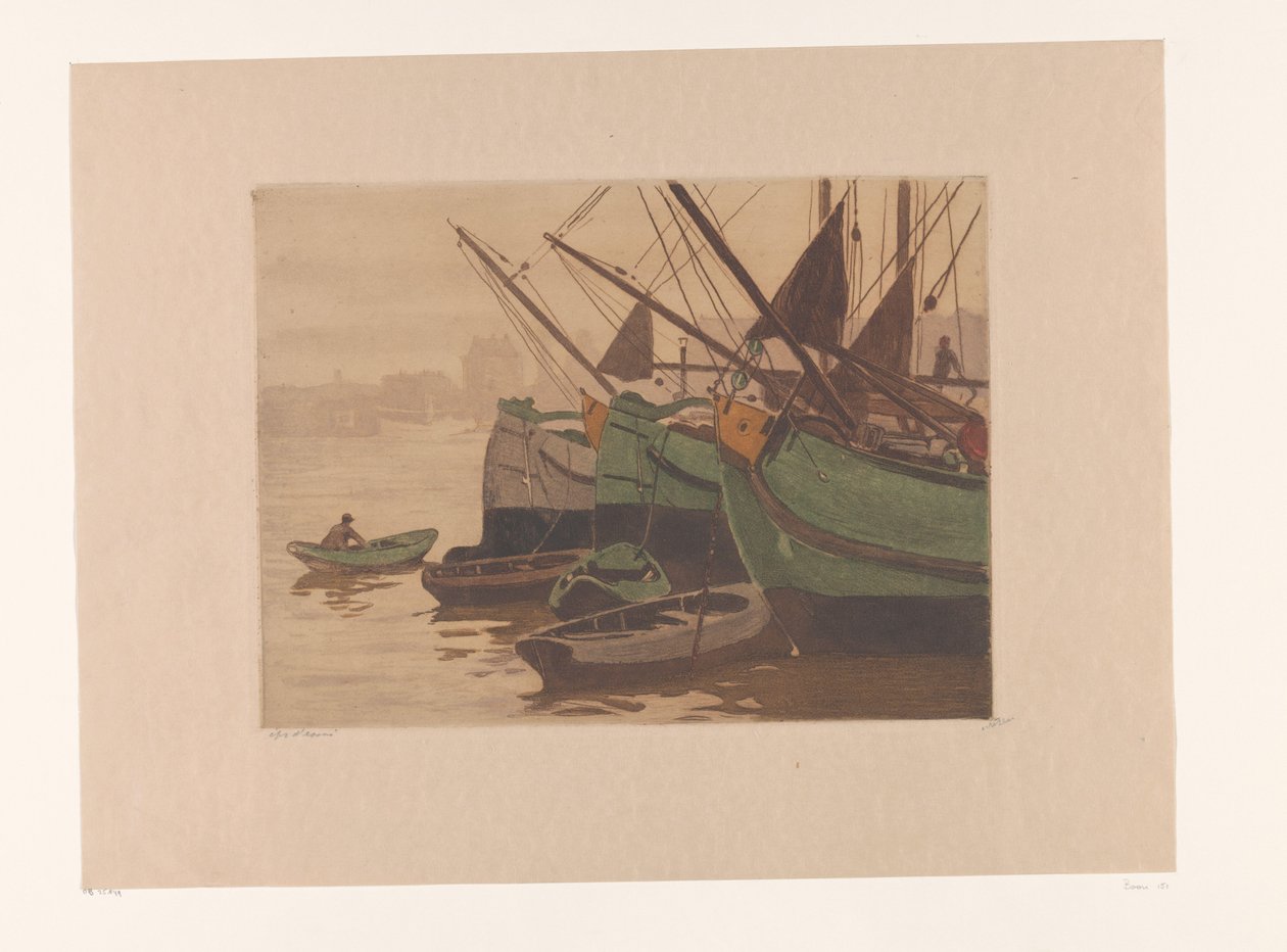 Three Peat Boats with Rowboats in the IJ by Willem Witsen (signed by artist)