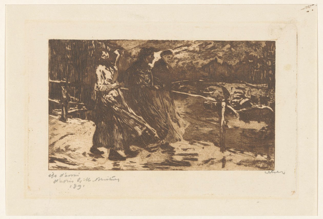 Three Women on a Bridge in Rain and Wind by Willem Witsen (signed by artist)