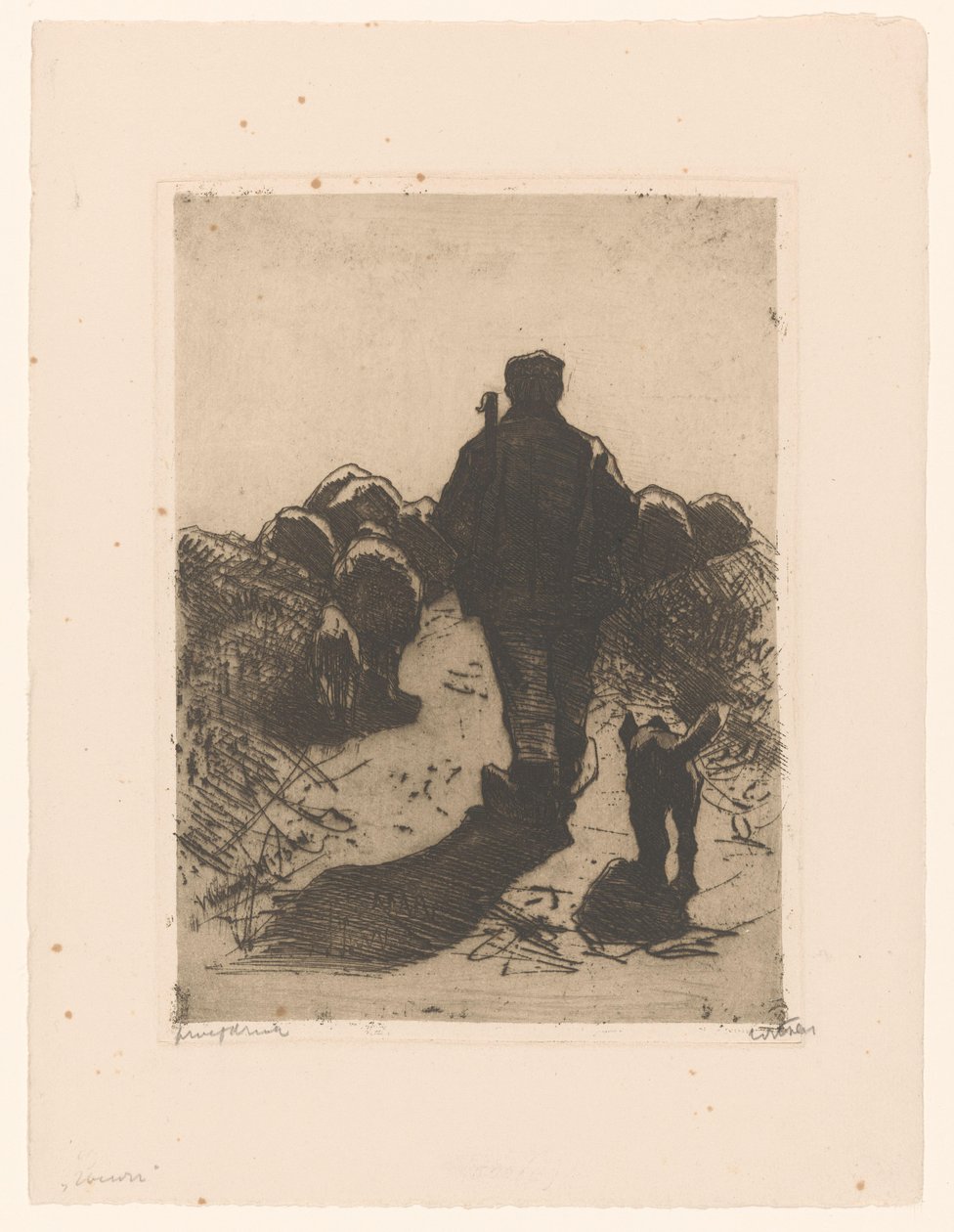 Shepherd with Dog Behind His Flock by Willem Witsen (signed by artist)