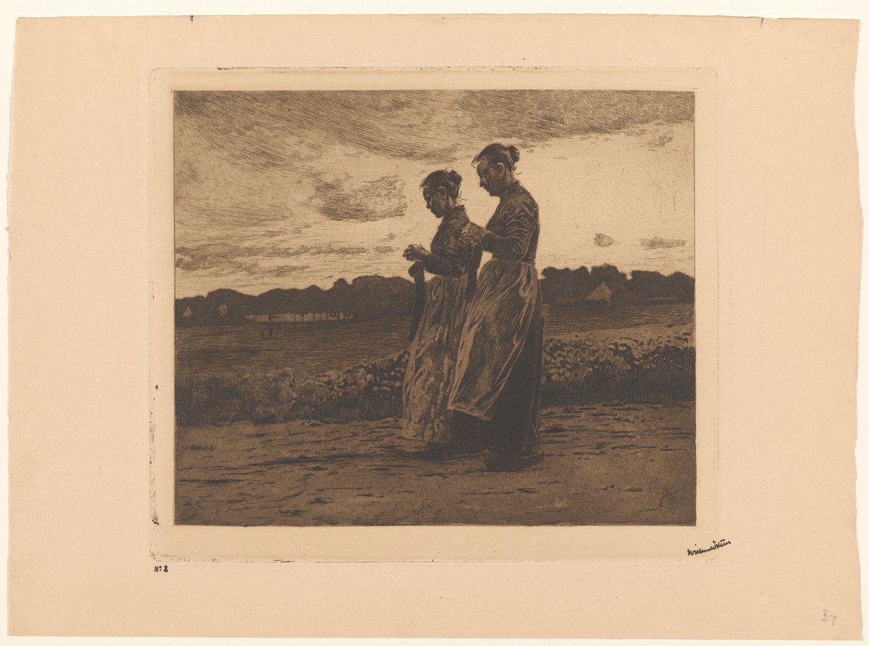 Two Standing Knitters in a Landscape in Ede by Willem Witsen (signed by artist)