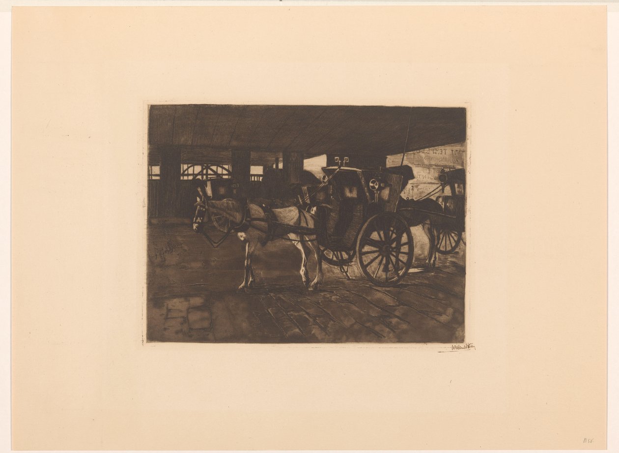Waiting Carriages under Charing Cross Bridge in London by Willem Witsen (signed by artist)