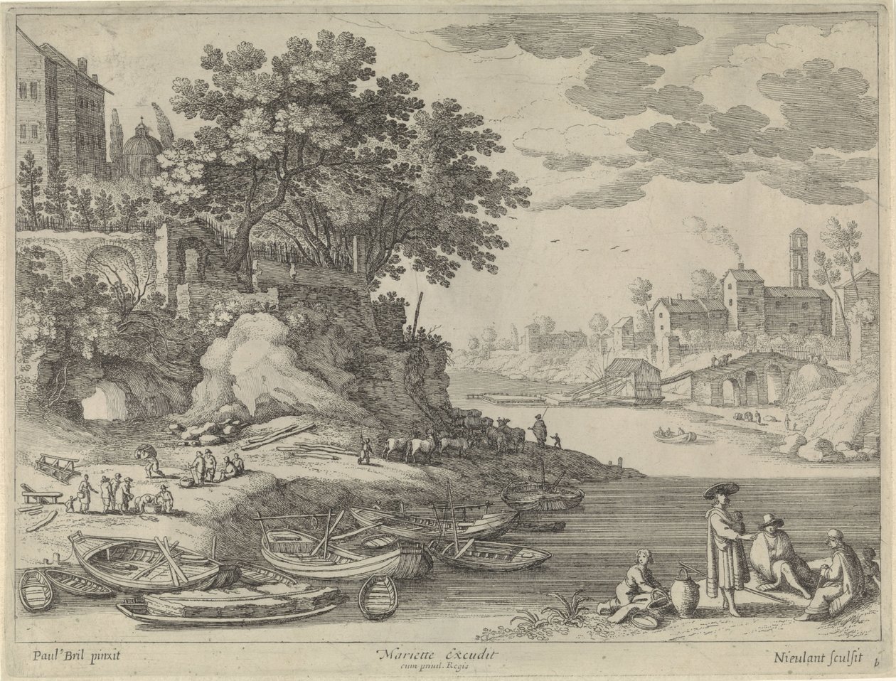 Harbor with Rowboats, Figures, and Cattle by Willem van Nieulandt (II)
