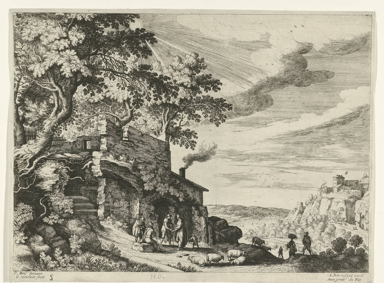 Shepherds by a ruin (Italian landscapes) by Willem van Nieulandt (II)