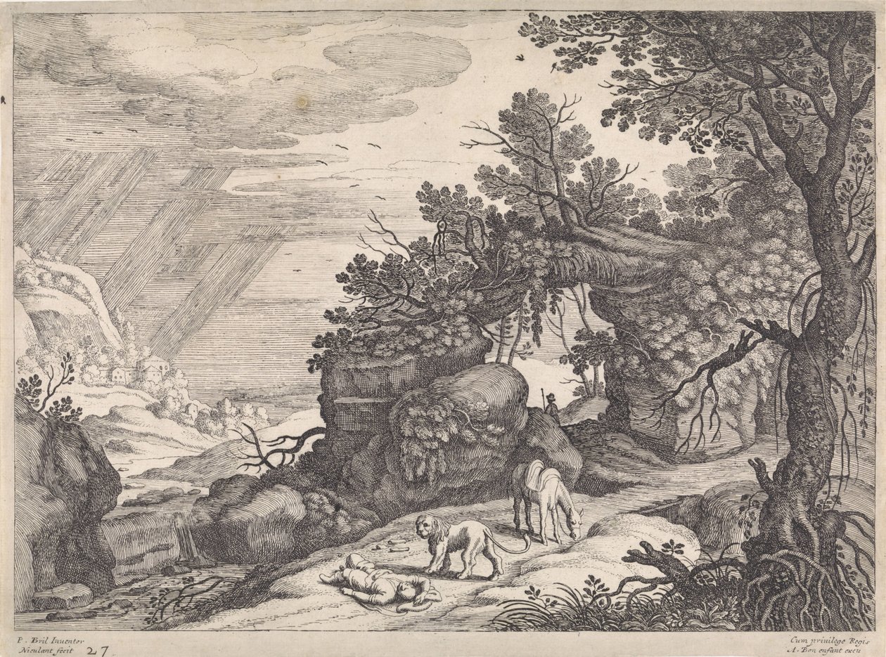 Landscape with a Dead Holy Man, Lion, and Donkey by Willem van Nieulandt (II)