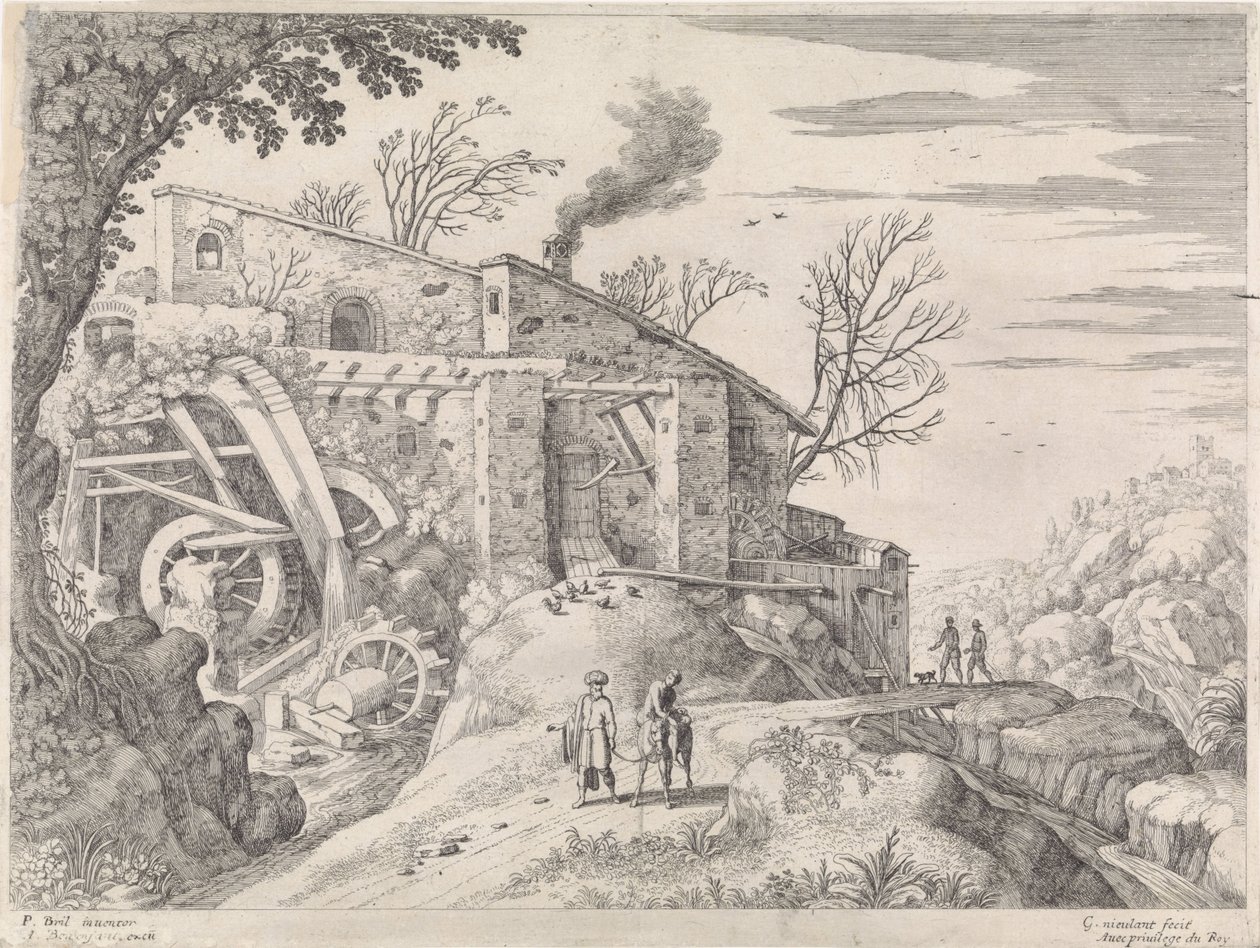 Landscape with a Watermill and the Good Samaritan, Italian Landscapes (series title) by Willem van Nieulandt (II)