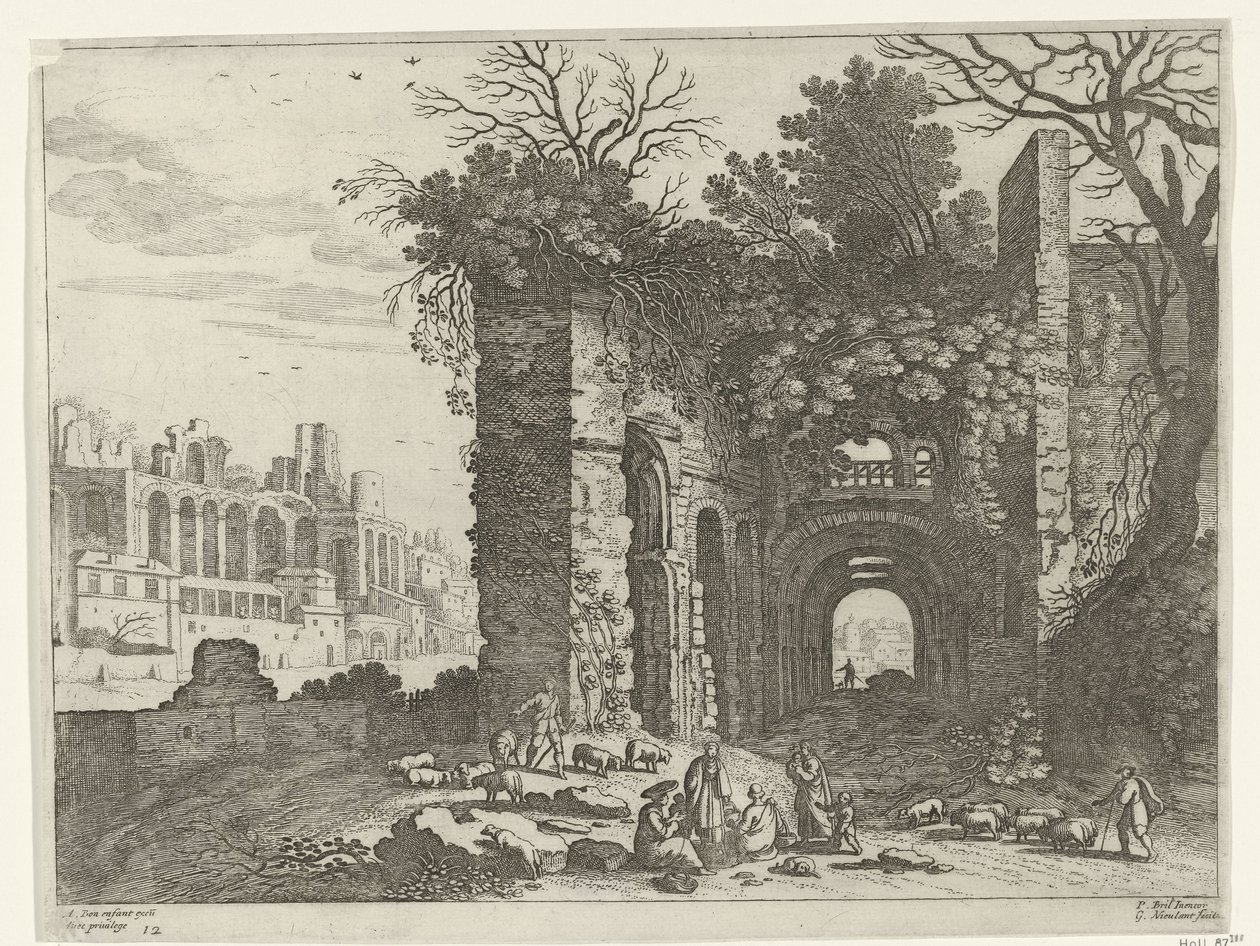 Resting Family before a Ruin (Italian Landscapes series) by Willem van Nieulandt (II)