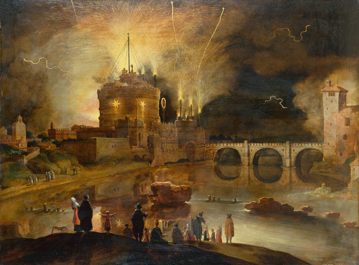 The Castel Sant Angelo, Rome, with Townsfolk Watching a Firework Display at Night by Willem van Nieulandt