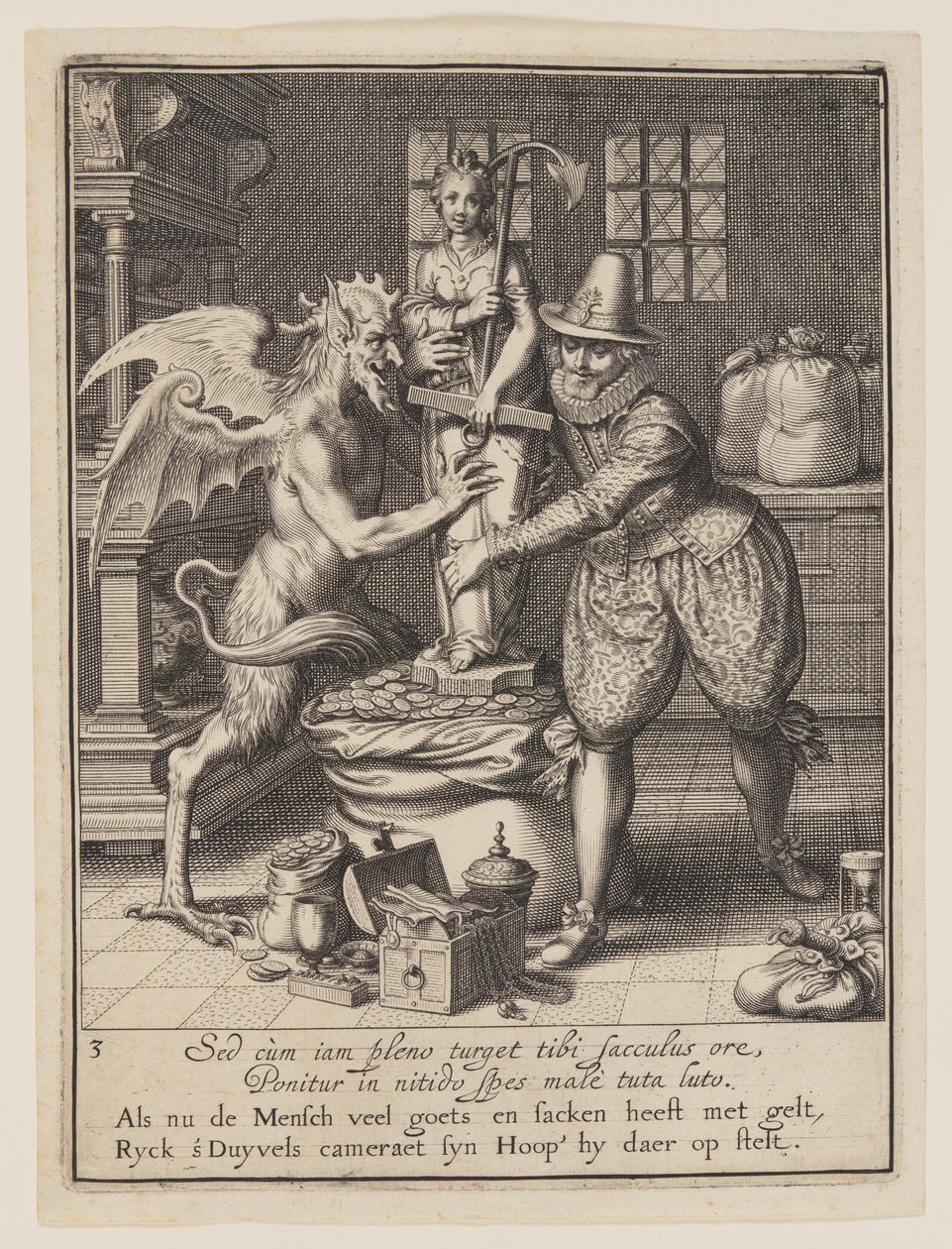 A Man and the Devil Filling a Sack with Money and Setting Up a Statue of Hope, from Allegory of the Misuse of Worldly Property by Willem van Swanenburgh