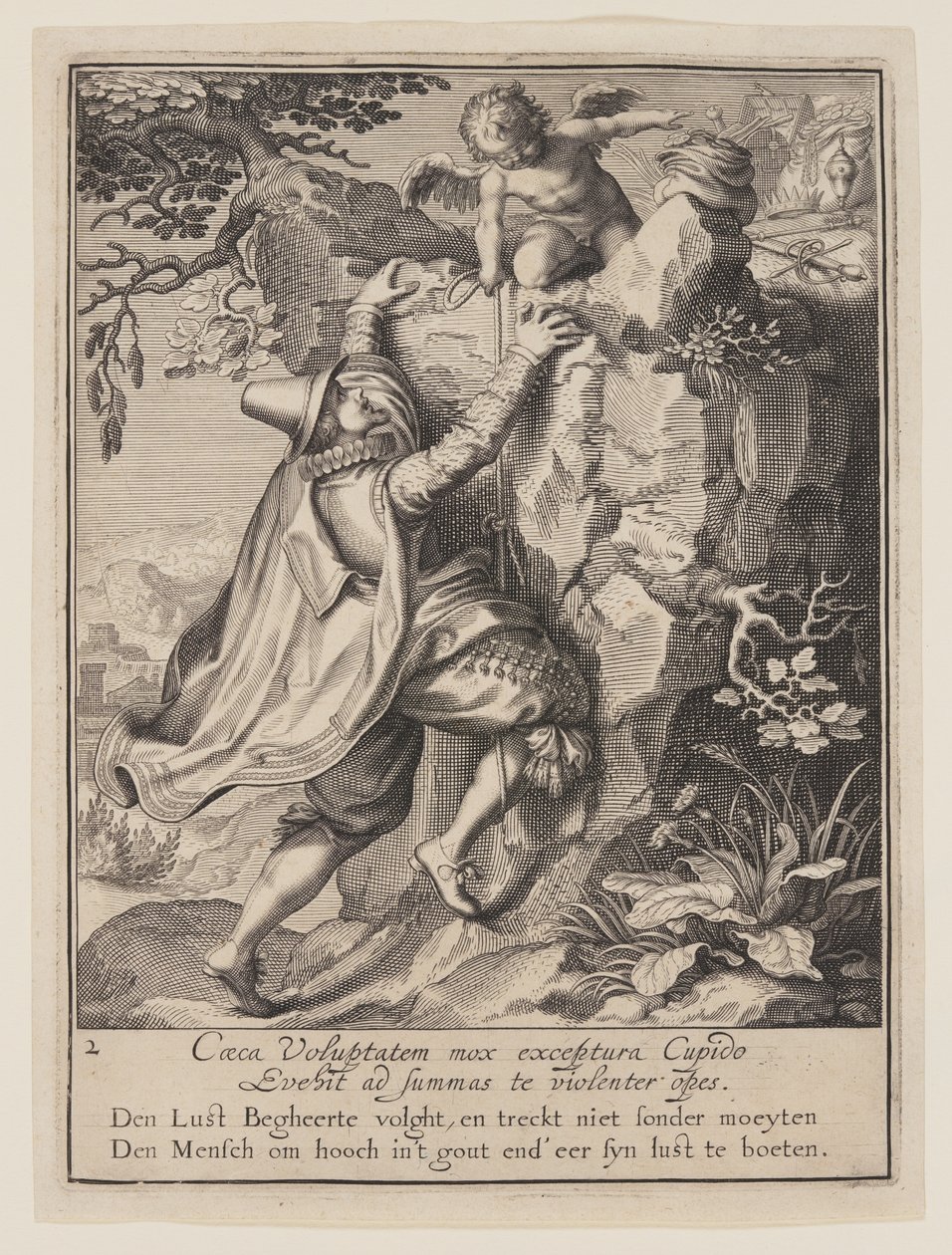 A Young Man Climbing a Hillside Aided by Cupid, from Allegory of the Misuse of Worldly Property by Willem van Swanenburgh