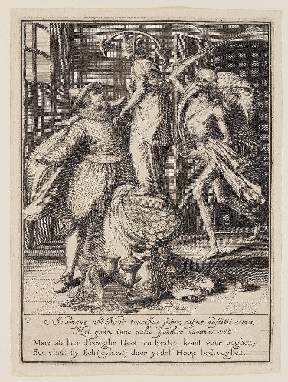 Death with an Arrow About to Strike Man Down, from Allegory of the Misuse of Worldly Property by Willem van Swanenburgh