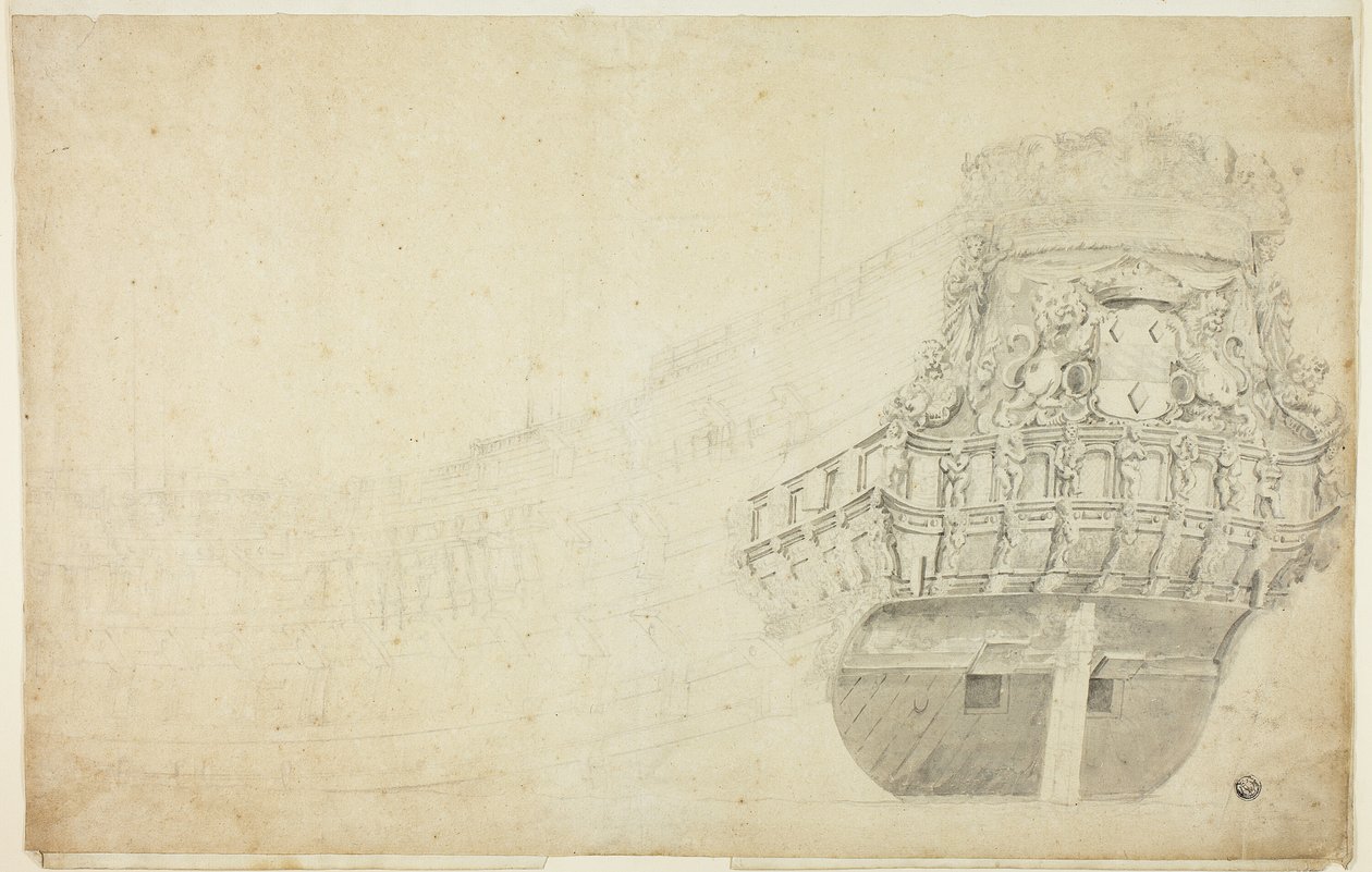 Partial Sketch of a Dutch Vessel Seen from Port Quarter by Willem van de Velde I