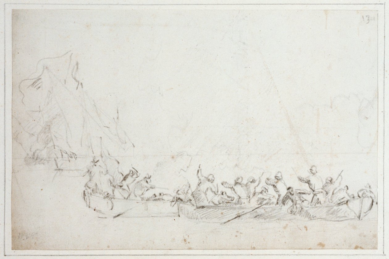 A fight in boats between Dutch or English and Barbary pirates by Willem van de Velde the Younger