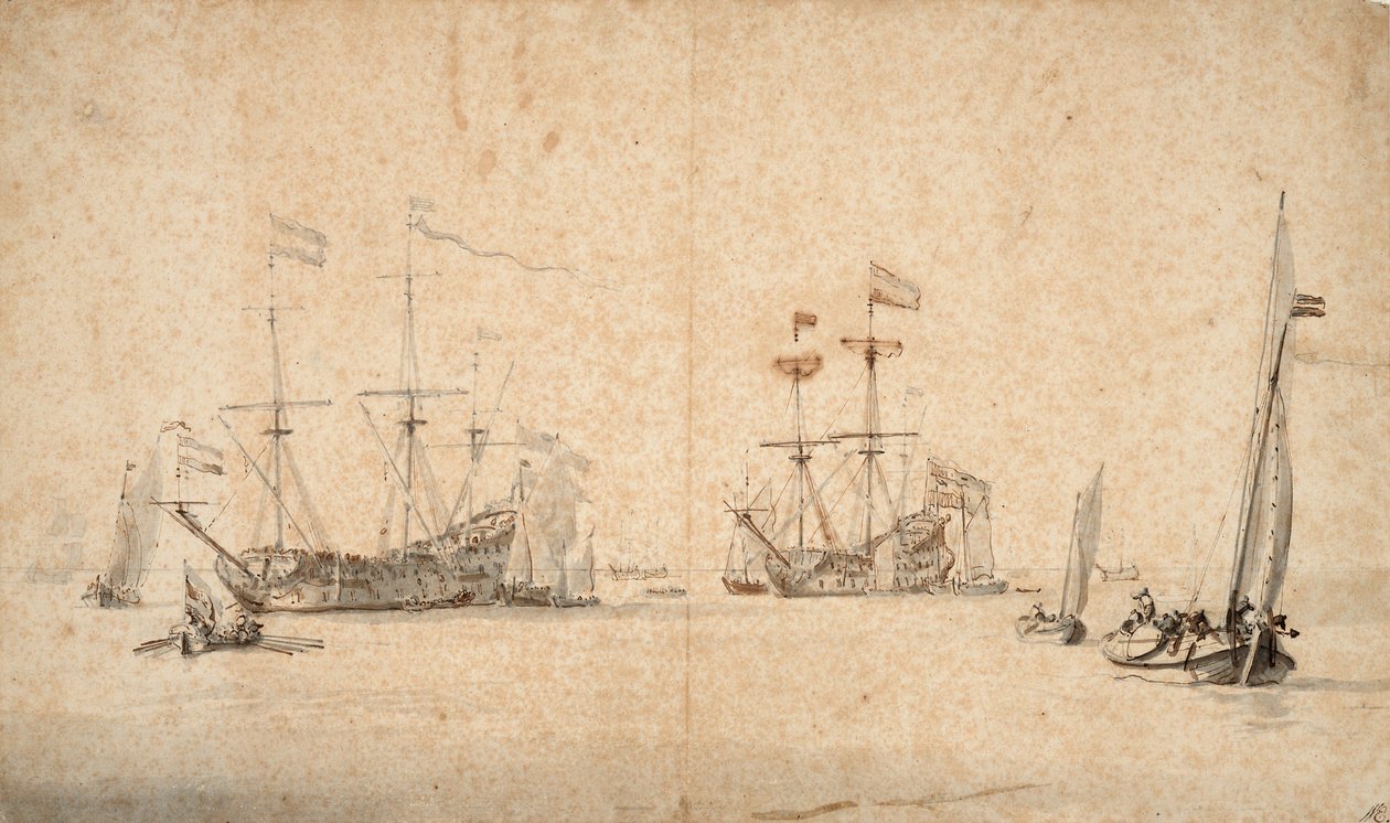 A Kaag Running Free and Two Dutch Flagships at Anchor, c.1665 by Willem van de Velde the Younger