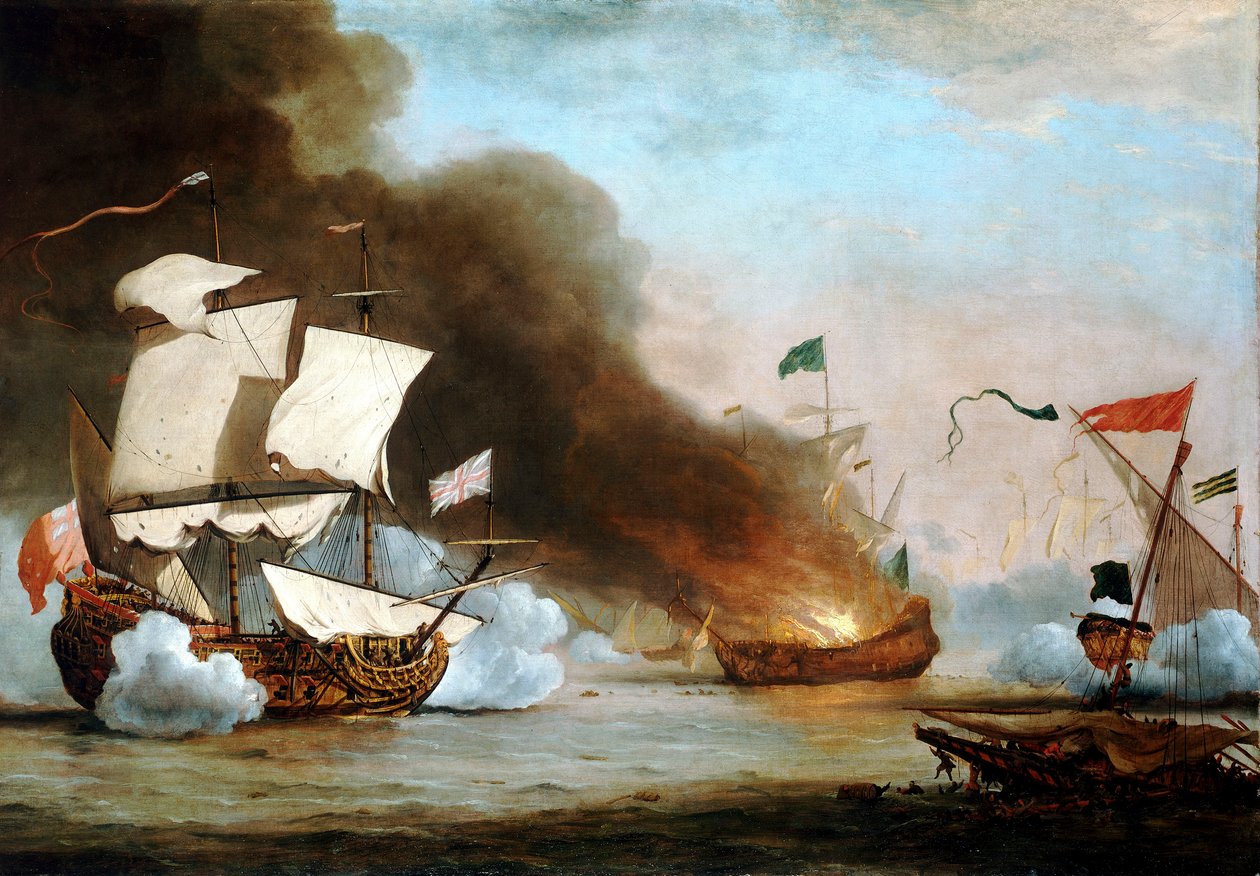 An English Ship in Action with Barbary Corsairs, c.1680 by Willem van de Velde the Younger