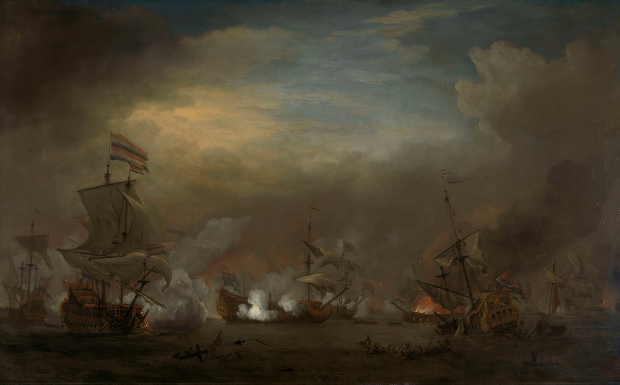 Night Sea Battle between Cornelis Tromp on the Gouden Leeuw and Sir Edward Spragge on the Royal Prince by Willem van de Velde the Younger