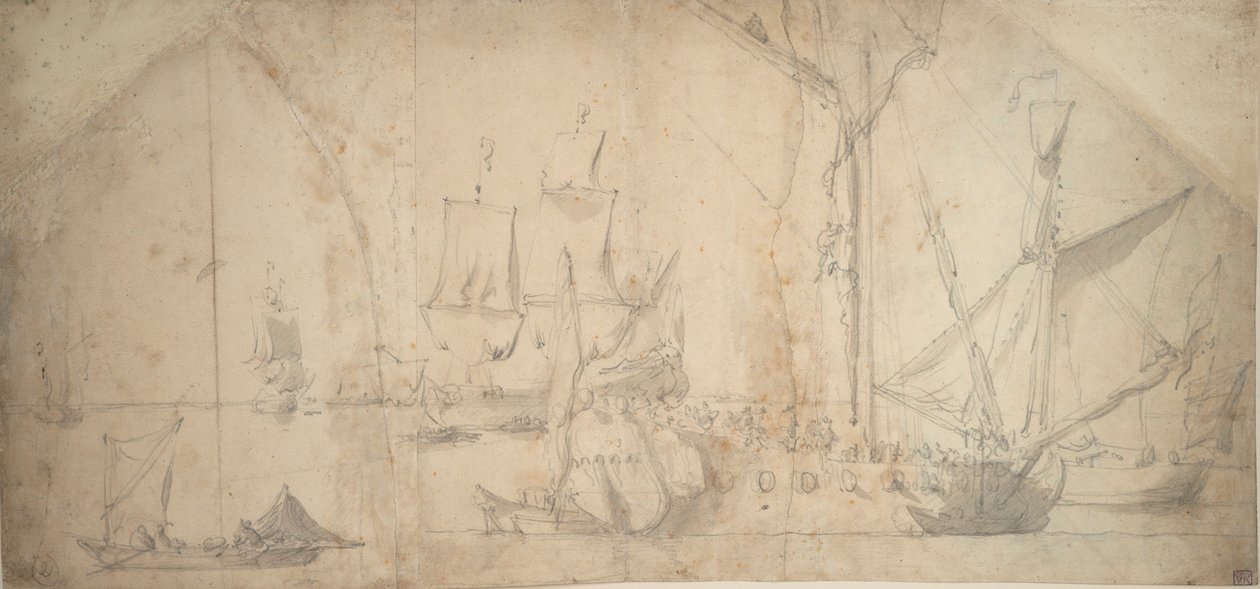 An English yacht at anchor furling sail by Willem van de the Elder Velde